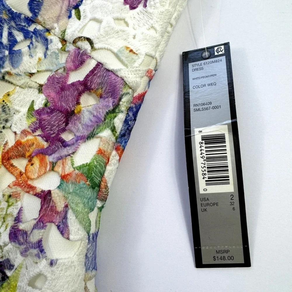 NWT‎ Tahari ASL Floral Lace Sheath Dress Womens 2 Cream Watercolor Pastel Spring